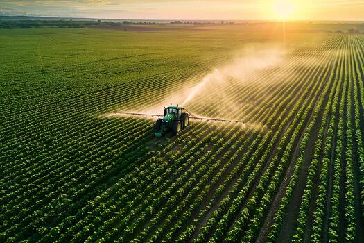 Tractor fumigando cultivos desde vista aérea